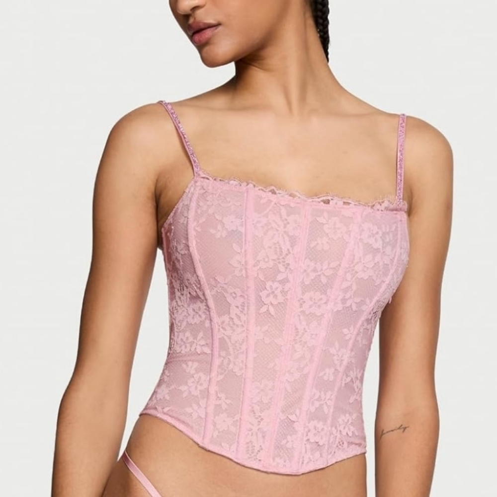 Victoria Secret Very Sexy Twinkle Strap Rose Pink Lace Corset Top